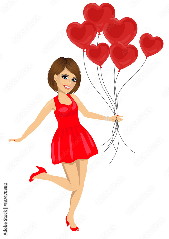 young woman in red dress holding heart balloons celebrating saint valentine day