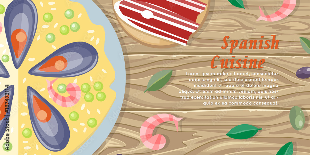 Spanish Cuisine Web Banner. Paella. Jamon. Tapas