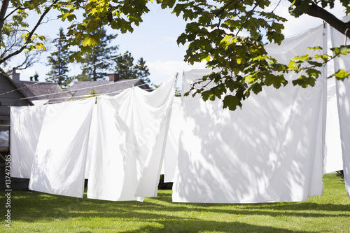 White sheets drying on a clothesline outside; Charelvoix, Quebec, Canada photo