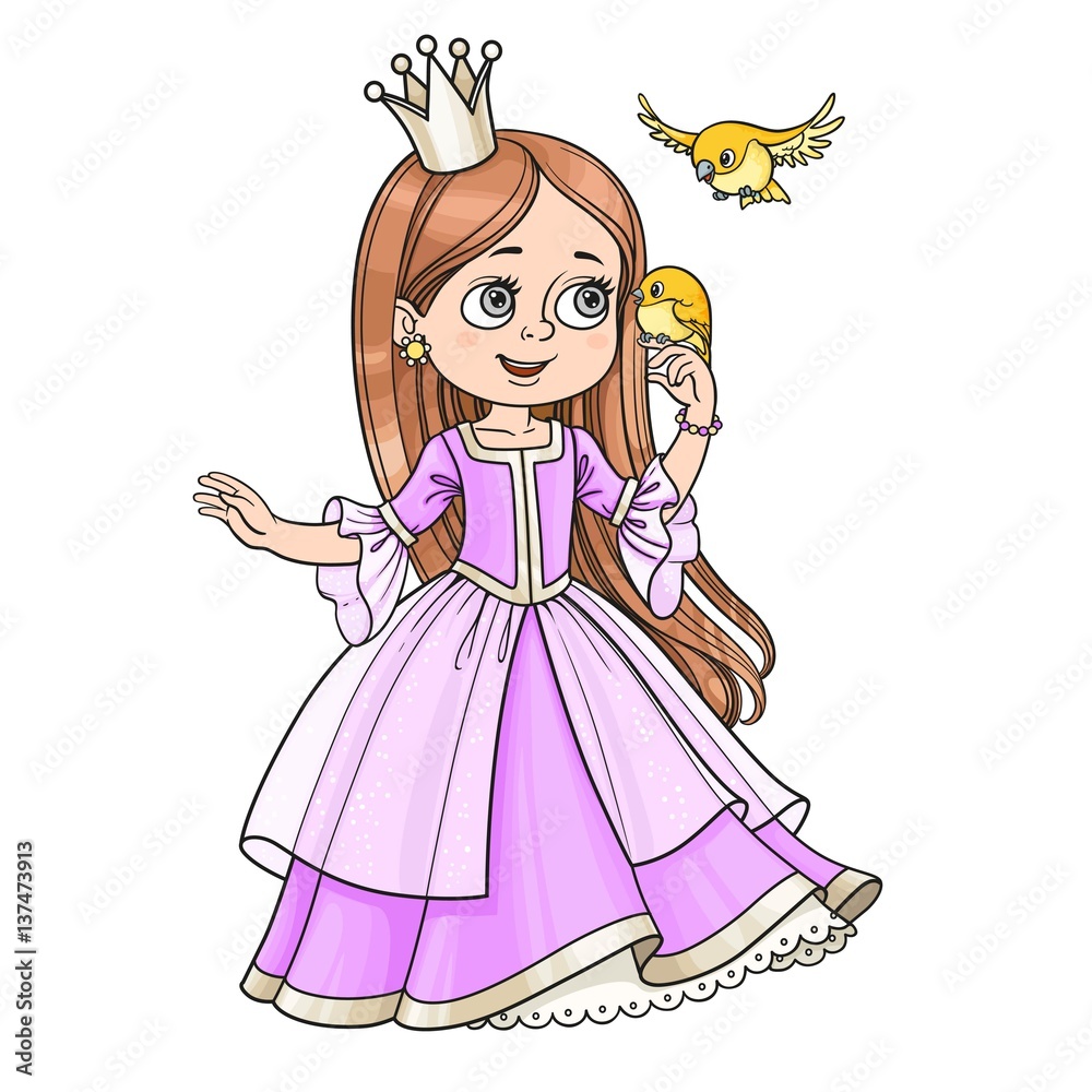 Cute princess with long hair holds on finger little bird isolated on white background Cute princess with long hair holds on finger little bird isolated on white background