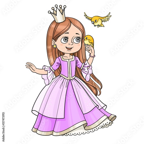Cute princess with long hair holds on finger little bird isolated on white background