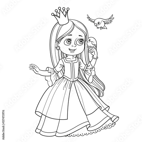 Cute princess with long hair holds on finger little bird outlined picture for coloring book on white background
