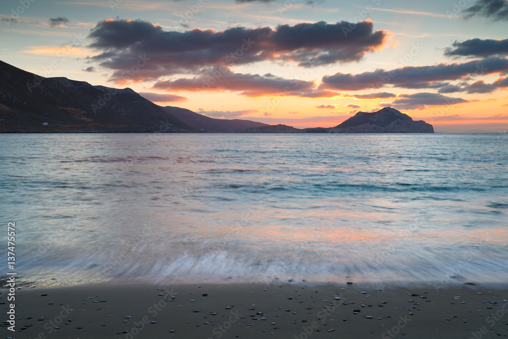 Sunset at Aegiali beach on Amorgos island. Sunset at Aegiali beach on Amorgos island.