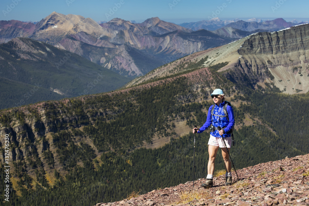 Female hiker with poles walking along a mountain ridge with mountain ranges and blue sky in the background; Waterton, Alberta, Canada Female hiker with poles walking along a mountain ridge with mountain ranges and blue sky in the background; Waterton, Alberta, Canada
