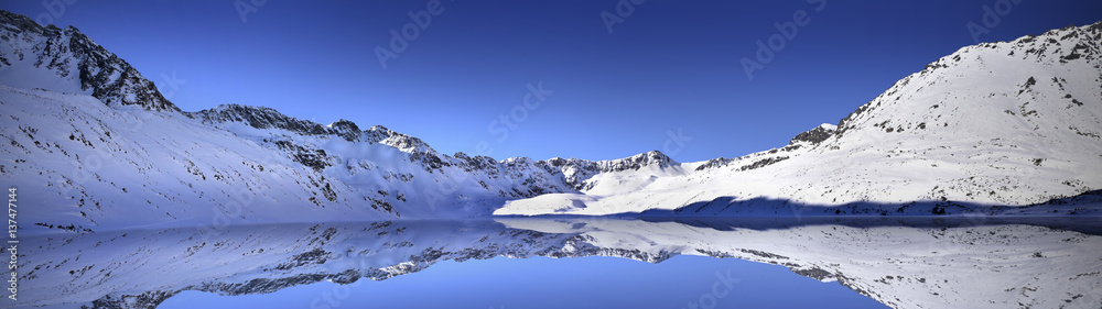 Winter panoramic view of Big Pond in Valley of Five Lakes. Tatra Mountain