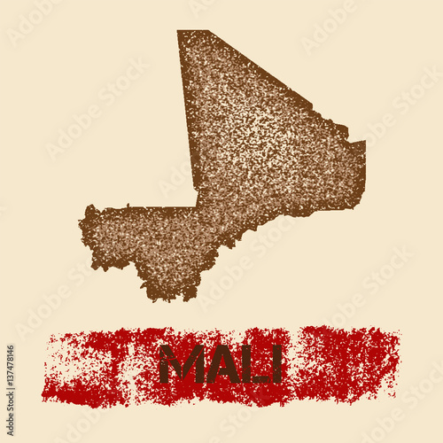 Mali distressed map. Grunge patriotic poster with textured country ink stamp and roller paint mark, vector illustration.