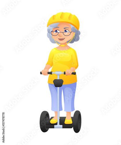 vector illustration of an old active lady with glasses and protect helm, who is dressed in tunic and breeches. She is riding on self-balancing scooter.