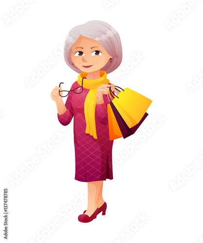 vector illustration of an old active lady with glasses, who is dressed in a elegant dress. She is shopping and carrying a bunch of shopping bags