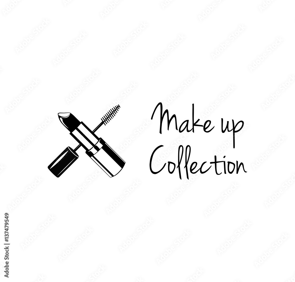 Beauty Salon Label. Mascara for Eyelashes lipstick. Eye Makeup. Badge Vector Illustration. Isolated On White