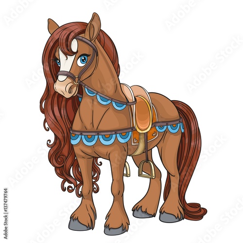 Cute horse harnessed to a saddle isolated on white background