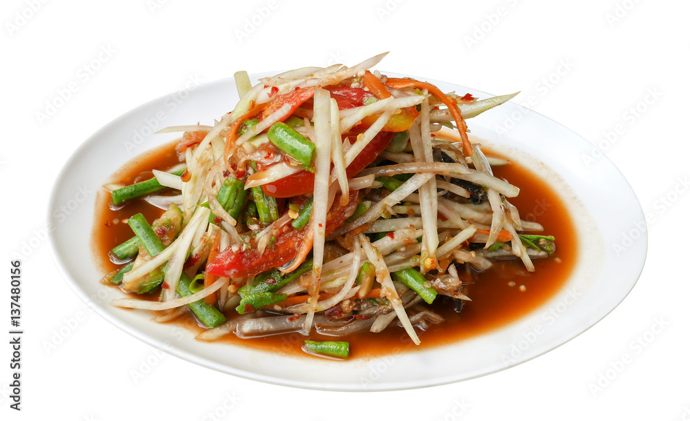 Spicy papaya salad (Som Tum) Thai traditional food isolated on white background, clipping path included Spicy papaya salad (Som Tum) Thai traditional food isolated on white background, clipping path included