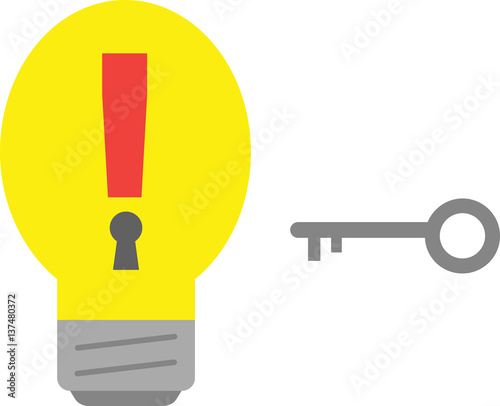 Light bulb with exclamation mark keyhole and key