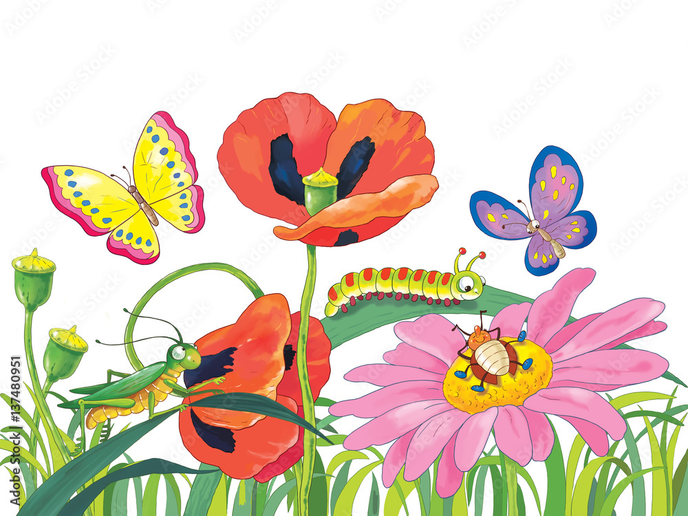Obraz Wiosenny dzień. Śliczne kwiaty i owady. Kartka z życzeniami. 8 marca.