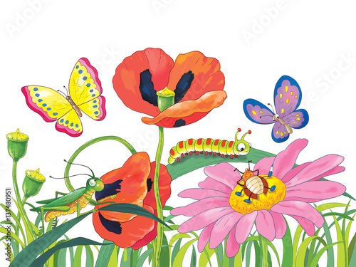Obraz na płótnie Wiosenny dzień. Śliczne kwiaty i owady. Kartka z życzeniami. 8 marca.