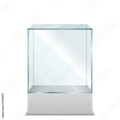 Empty transparent Glass Box on pedestal, Isolated on White Background, Vector