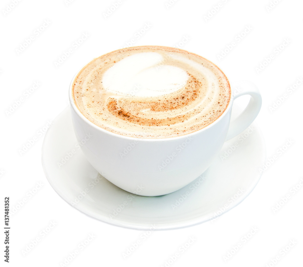 Top view of hot coffee cappuccino with cinnamon spiral foam isolated on white background, close up. Top view of hot coffee cappuccino with cinnamon spiral foam isolated on white background, close up.