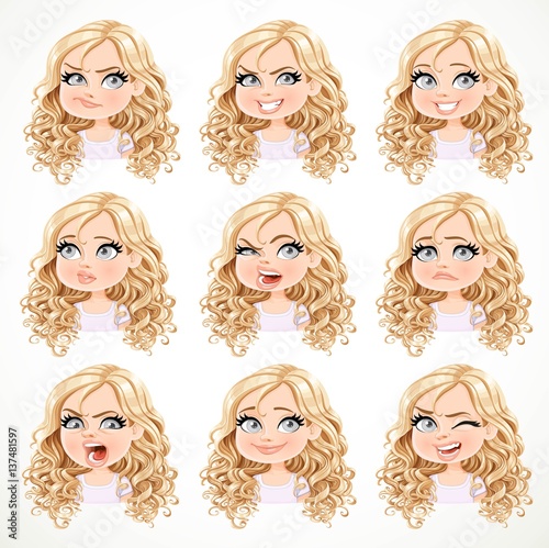 Beautiful cartoon blonde girl with magnificent curly hair portrait of different emotional states isolated on white background