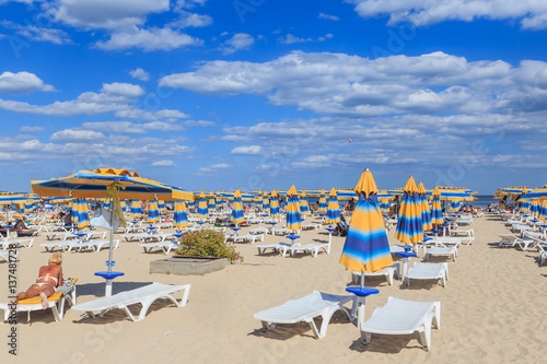 The Black Sea shore, blue clear water, beach with sand, umbrellas and sunbeds. Albena, Bulgaria © Nikolai Korzhov
