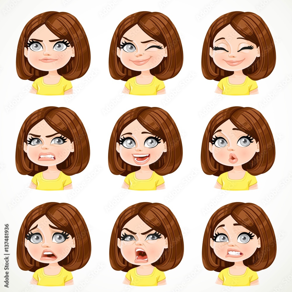 Beautiful cartoon brunette girl with dark chocolate color hair portrait of different emotional states set 2 isolated on white background Beautiful cartoon brunette girl with dark chocolate color hair portrait of different emotional states set 2 isolated on white background