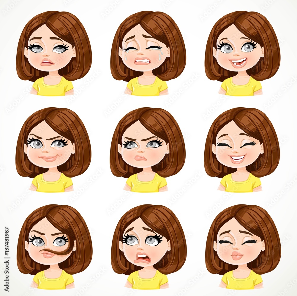 Beautiful cartoon brunette girl with dark chocolate hair portrait of different emotional states set isolated on white background Beautiful cartoon brunette girl with dark chocolate hair portrait of different emotional states set isolated on white background