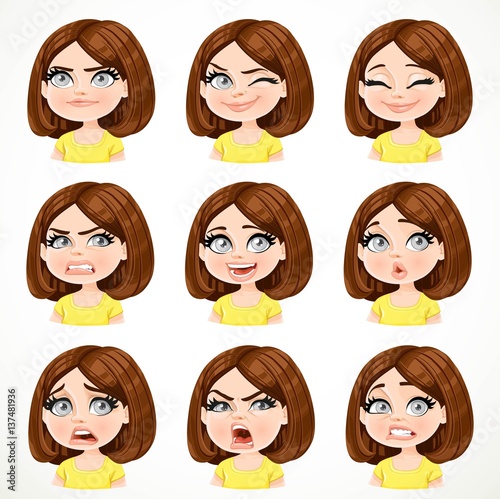 Beautiful cartoon brunette girl with dark chocolate color hair portrait of different emotional states set 2 isolated on white background