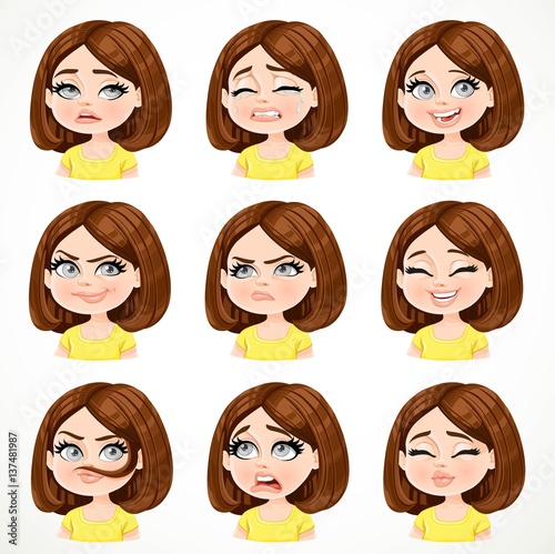 Beautiful cartoon brunette girl with dark chocolate hair portrait of different emotional states set isolated on white background