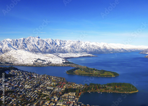 Aerial view of Queenstown in winter time, South Island, New Zealand.