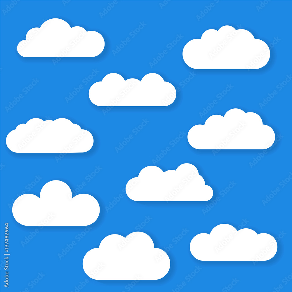 Set of Cloud Icons in trendy flat style isolated on blue background. Vector illustration of clouds collection