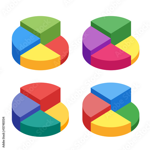 Pie chart on isolated background. Set of bulk isometric pie charts different heights. Business data, colorful elements for infographics. Vector illustration.