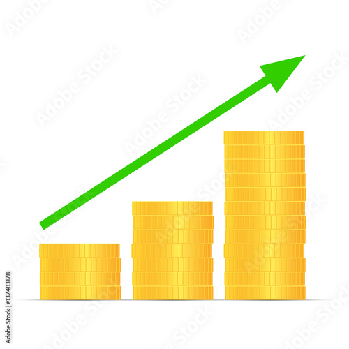 Stacks of gold coins graph arrow. Income and profits. Isolated on white background. Vector illustration.
