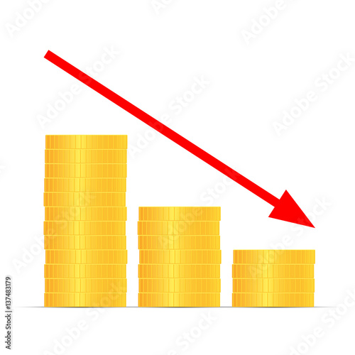 Stacks of gold coins graph arrow. Income and profits. Isolated on white background. Vector illustration.