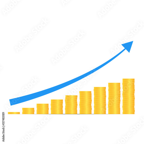 Stacks of gold coins graph arrow. Income and profits. Isolated on white background. Vector illustration.
