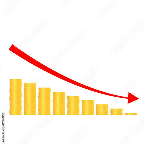Stacks of gold coins graph arrow. Income and profits. Isolated on white background. Vector illustration.