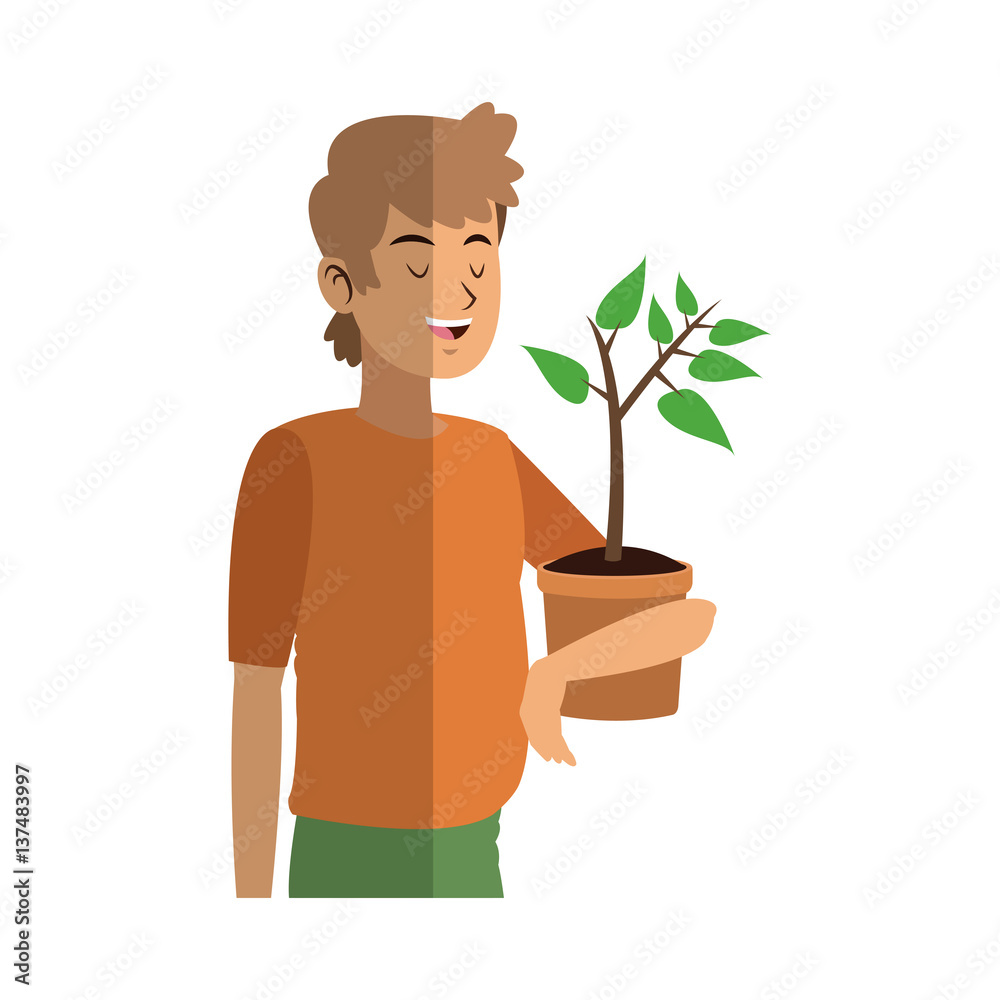 gardener man holding a plant in a pot over white background. colorful design. vector illustration gardener man holding a plant in a pot over white background. colorful design. vector illustration