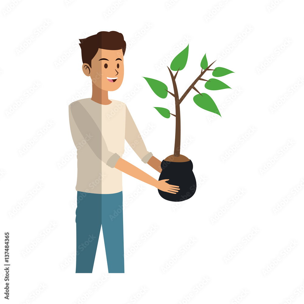 gardener man holding a plant in a pot over white background. colorful design. vector illustration gardener man holding a plant in a pot over white background. colorful design. vector illustration