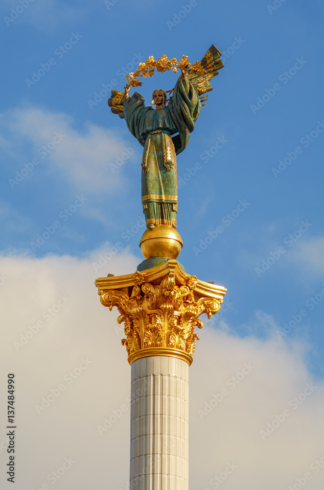 Statue of Berehynia on the top of Independence Monument on the Maidan