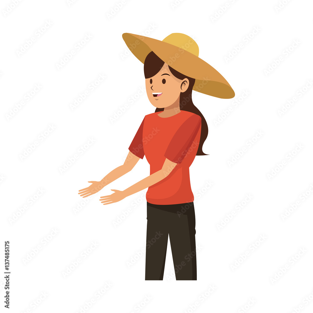 gardener woman wearing a hat over white background. colorful design. vector illustration