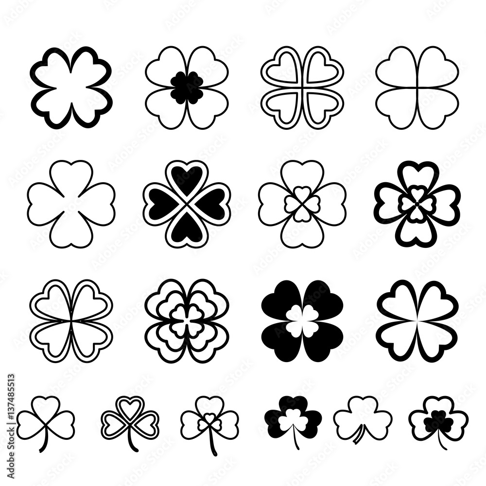 Set leaf clover. Three and Four leaf, silhouettes, stylized. St. Patrick's day. Black on White Background. Lucky symbol Set leaf clover. Three and Four leaf, silhouettes, stylized. St. Patrick's day. Black on White Background. Lucky symbol