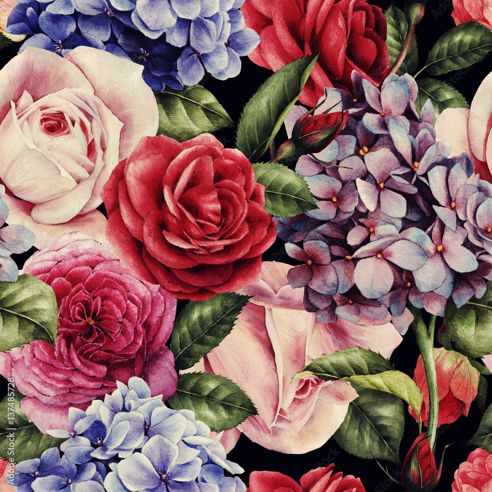 Seamless floral pattern with roses, watercolor. Stock Illustration ...
