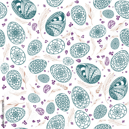 Decorative Easter Seamless Pattern with hand drawn ornamental eggs and floral elements. Doodle style eggs.