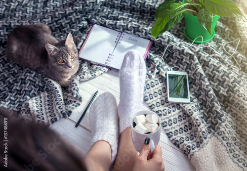 Writing goals with cat and morning coffee photo