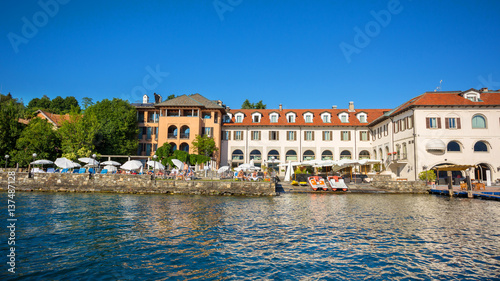 Lakeside promenade at Orta, view from San Giulio island, Hotel san Rocco, Piedmont, Italy, Europe © elitravo
