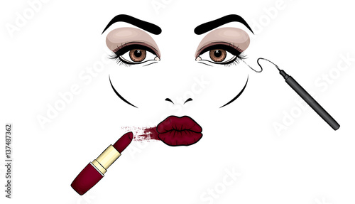 Beautiful woman's face with makeup. Eyes and lips. Cosmetics. Vector illustration for a card or poster. Print on clothes. Advertising.