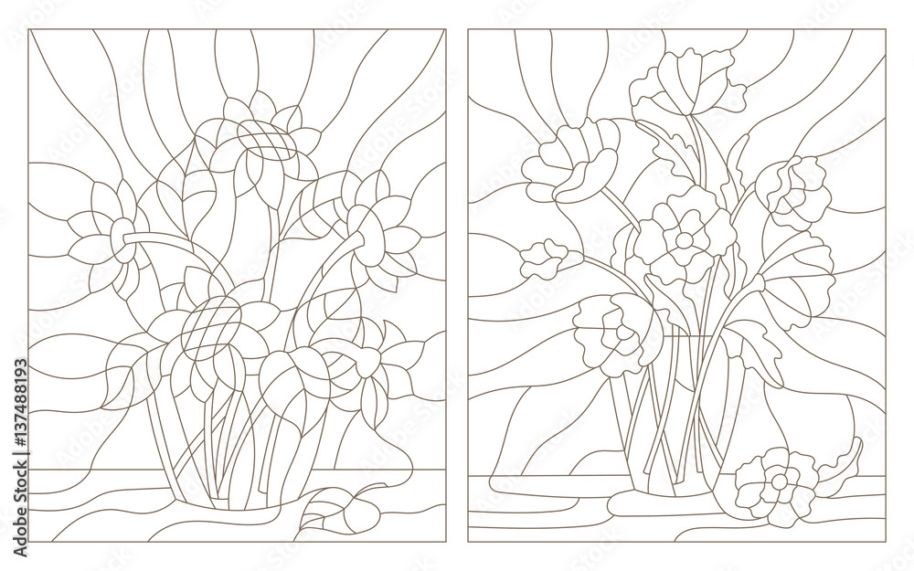 Obraz premium Set contour illustrations of the stained glass bouquet of poppies and sunflowers in a vase