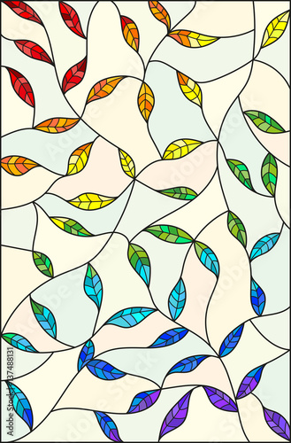 Illustration in the style of stained glass with leaves painted in a rainbow on a light background