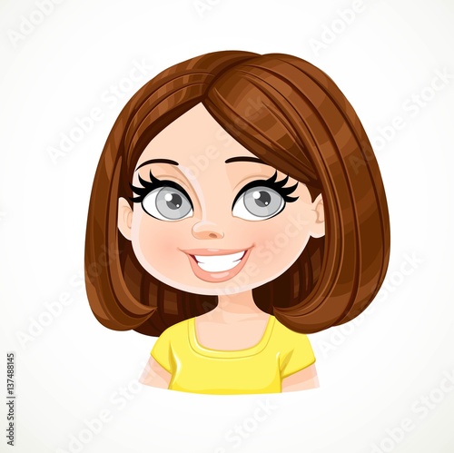 Beautiful brunette dark chocolate color hair girl with short bob haircut portrait isolated on white background