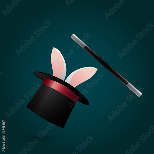 Rabbit in magic hat and wand. Circus performance.