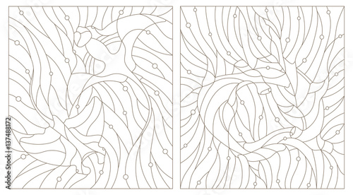 Set contour illustrations of stained glass fish hammerhead and manta rays on the background of water and air bubble