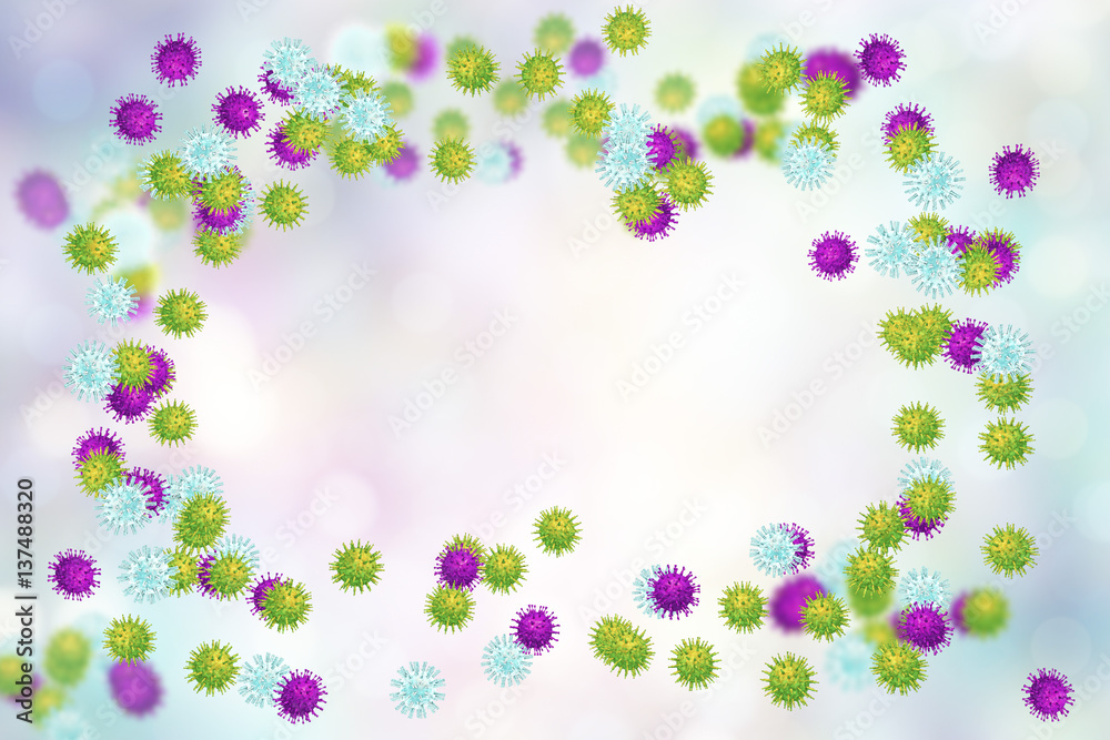 Set of viruses of different shapes with central free space for title and text, 3D illustration