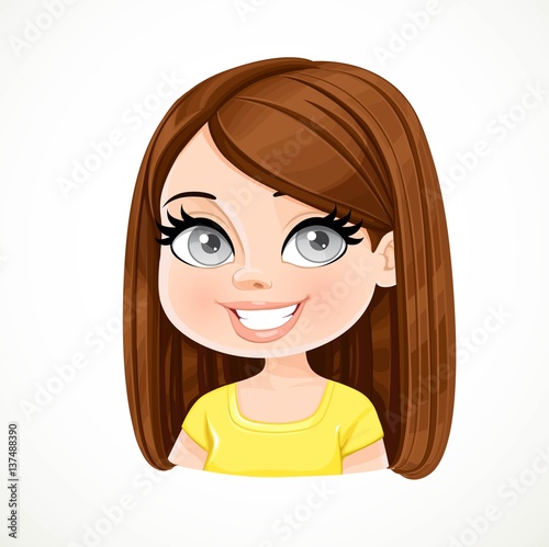 Beautiful brunette girl with dark chocolate color  straight brown hair portrait isolated on white background